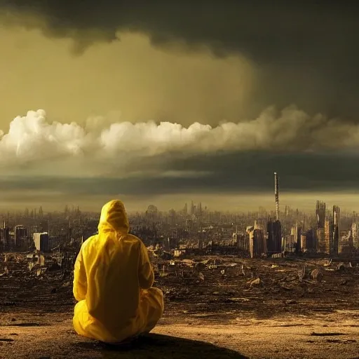 a person in a yellow raincoat sitting on a hill. cloud, sky, atmosphere, people in nature, flash photography, sunlight, grass, atmospheric phenomenon, landscape, horizon