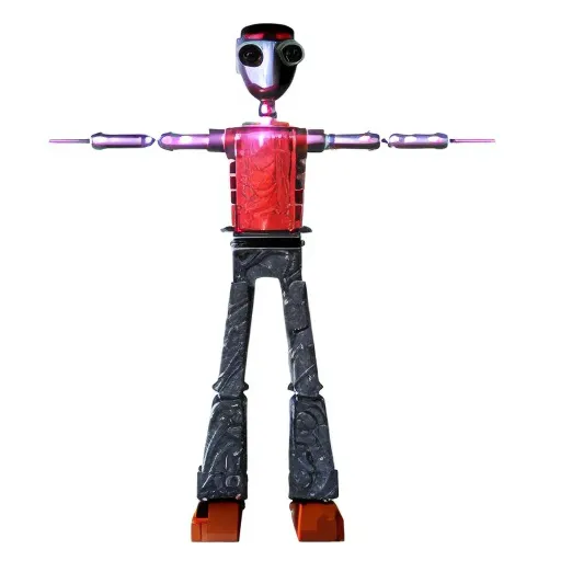 a robot is standing with his arms outstretched. human body, toy, art, fictional character, fashion design, skeleton, balance, event, sculpture, electric blue