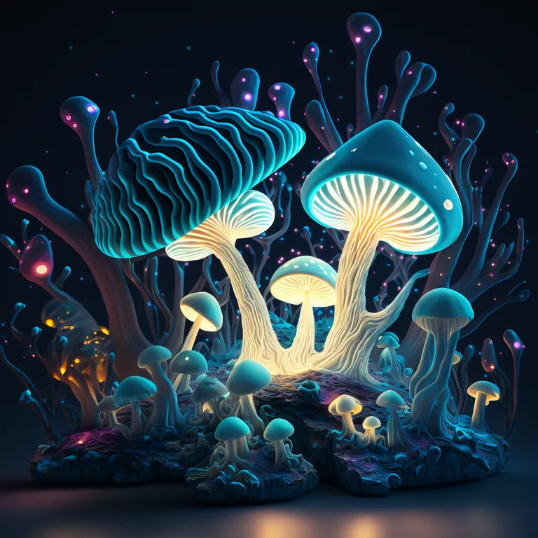 a group of mushrooms that are glowing in the dark. azure, organism, liquid, art, font, aqua, marine biology, electric blue, pattern, illustration