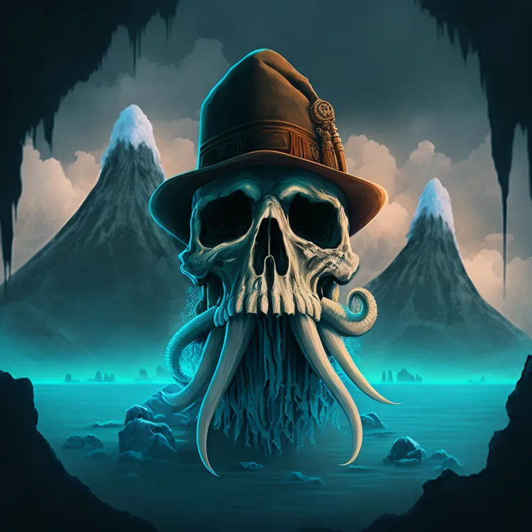 a skull wearing a hat with an octopus on it. world, light, azure, cg artwork, hat, sky, art, landmark, font, mountainous landforms