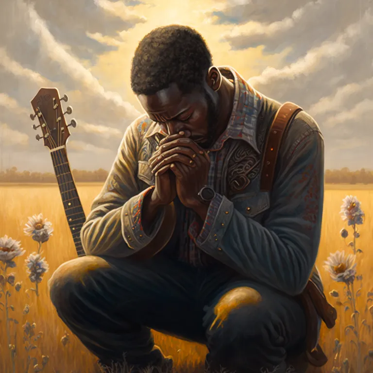 a painting of a man kneeling in a field with a guitar. cloud, musical instrument, sky, guitar, people in nature, guitar accessory, flash photography, string instrument, string instrument, happy