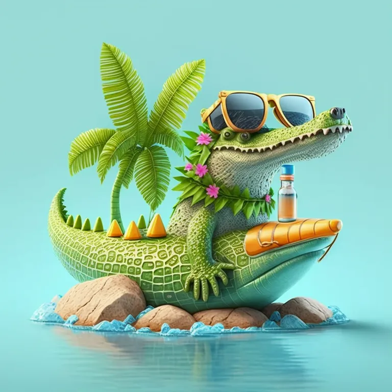 a crocodile with sunglasses and a bottle on a rock in the water. water, nature, terrestrial plant, plant, art, leisure, fun, illustration, animal figure, graphics