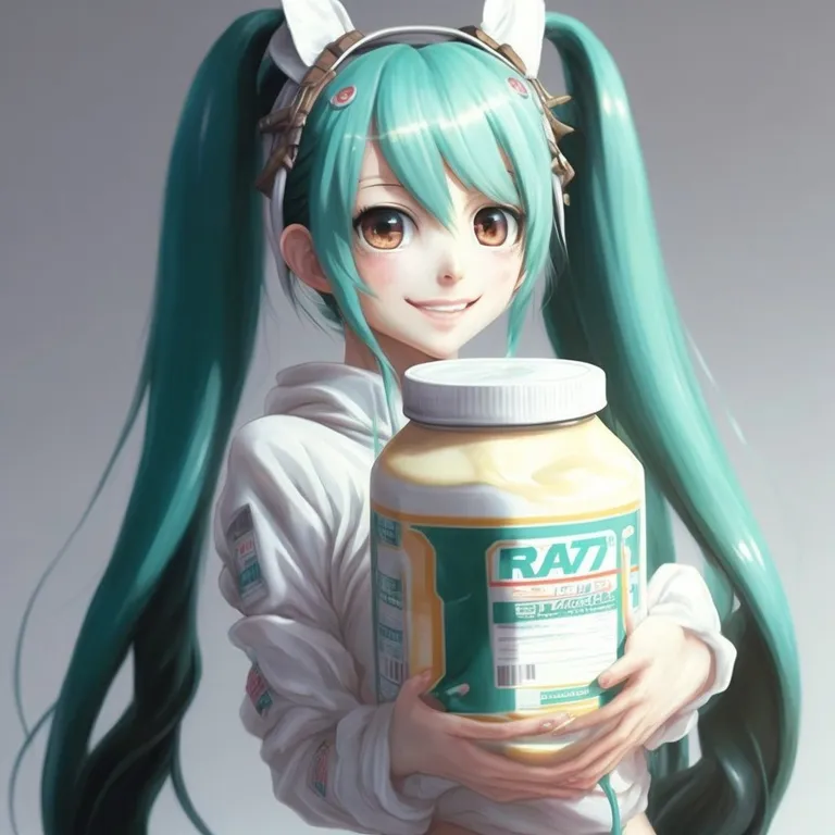 hatsune miku holding mayonnaise. hand, gesture, toy, liquid, long hair, eyelash, wig, electric blue, hime cut, fictional character, sometimes it is for the memes