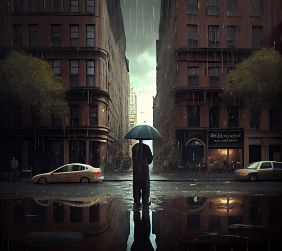 a man standing in the rain holding an umbrella. land vehicle, building, atmosphere, car, window, vehicle, automotive lighting, black, umbrella, tire