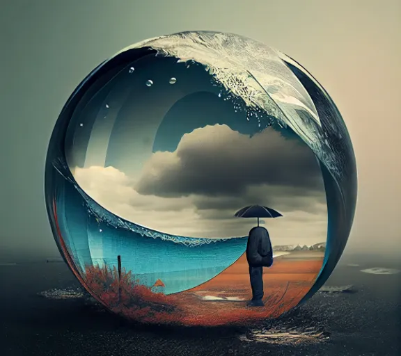 a man holding an umbrella standing in front of a giant glass ball. sky, water, atmosphere, world, cloud, gesture, art, tree, circle, horizon
