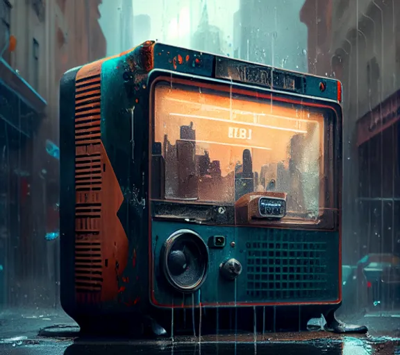 an old tv sitting on top of a wet street. building, audio equipment, cameras & optics, gadget, television set, gas, electronic instrument, window, display device, entertainment