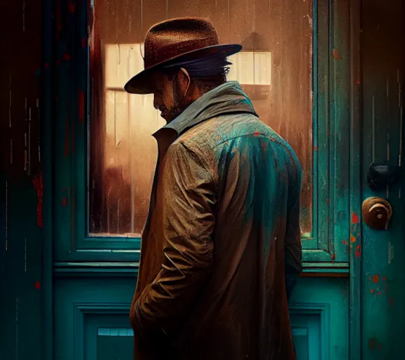 a man standing in front of a green door. hat, blue, sleeve, flash photography, standing, sun hat, wood, collar, door, leather jacket