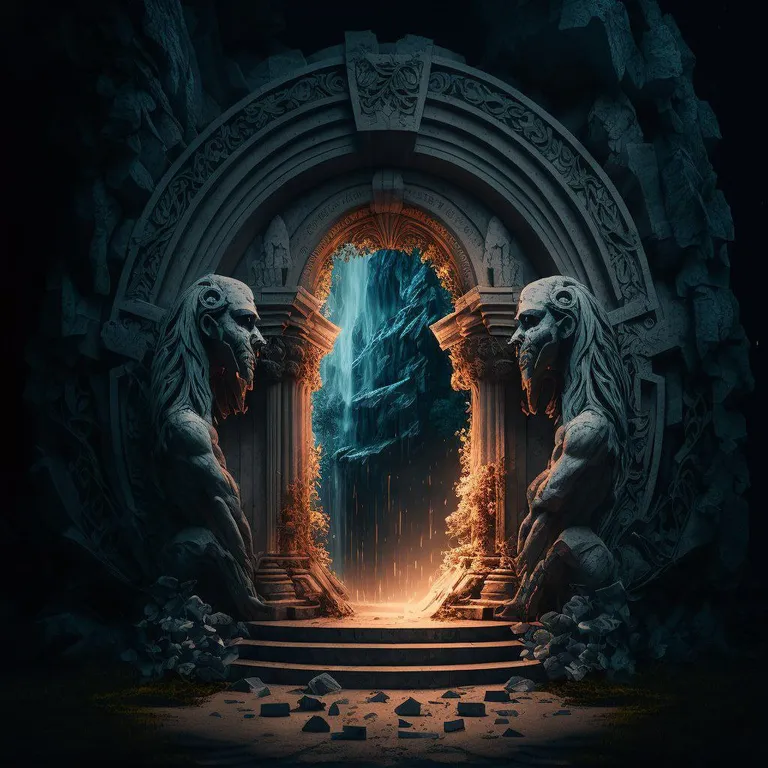 a portal to a another world with two statues. art, world, symmetry, building, darkness, cg artwork, holy places, sculpture, arch, rippling portal