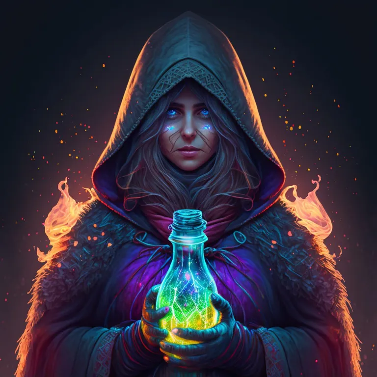 a woman in a hooded jacket holding a glowing jar. purple, organism, liquid, bottle, art, flash photography, electric blue, cg artwork, water, event