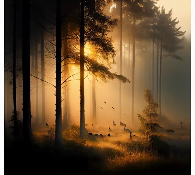 a group of birds flying through a foggy forest. atmosphere, plant, ecoregion, light, water, natural landscape, natural environment, sky, wood, branch