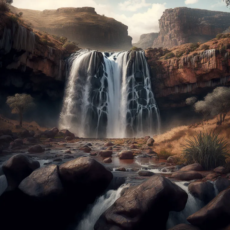 a painting of a waterfall surrounded by rocks. water, sky, water resources, mountain, cloud, light, fluvial landforms of streams, nature, natural landscape, plant