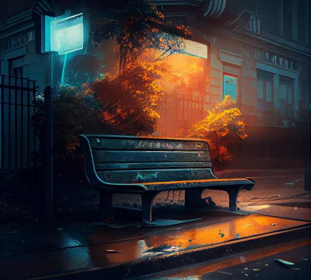 a park bench sitting on the side of a road. atmosphere, outdoor bench, building, light, sky, automotive lighting, orange, road surface, sunlight, bench