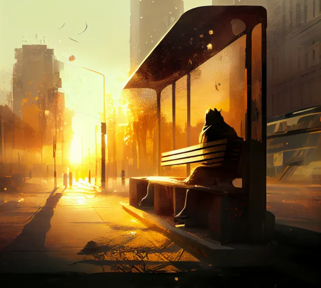 a person sitting on a bench near a bus stop. automotive lighting, amber, light, orange, mode of transport, architecture, building, road surface, asphalt, sunset
