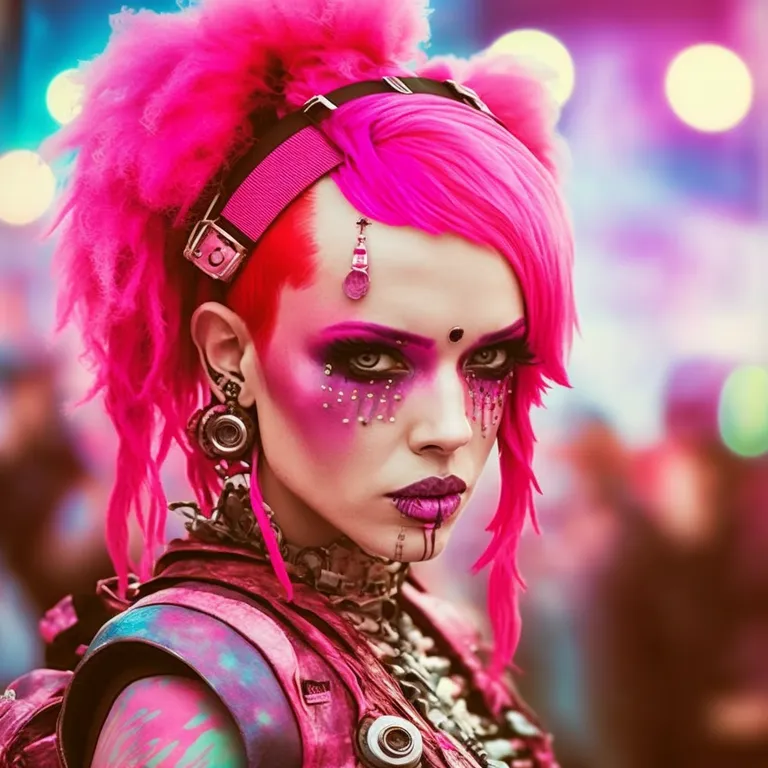 a woman with bright pink hair and makeup. face, hair, head, lip, lipstick, hairstyle, eye, eyelash, purple, fashion