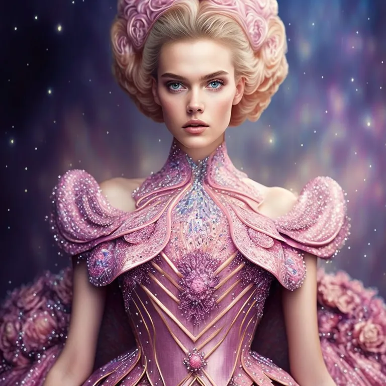 a painting of a woman in a pink dress. hairstyle, purple, eyelash, pink, violet, cg artwork, fashion design, art, beauty, electric blue