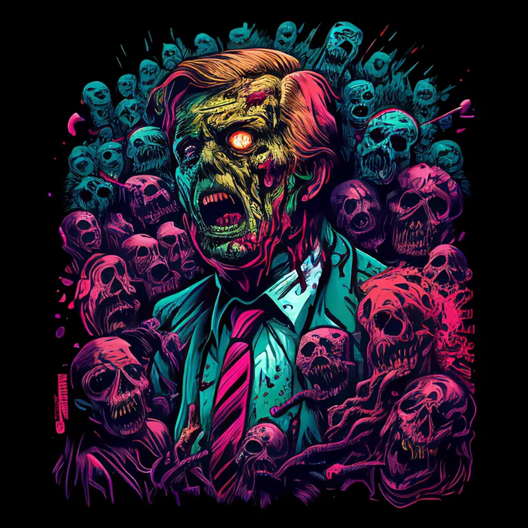 a poster of a man surrounded by skulls. art, font, magenta, painting, pattern, illustration, graphics, fictional character, visual arts, drawing