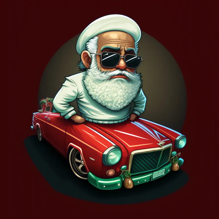 a man with a beard and glasses sitting on top of a red car. head, car, automotive lighting, hood, vehicle, tire, automotive design, toy, motor vehicle, grille