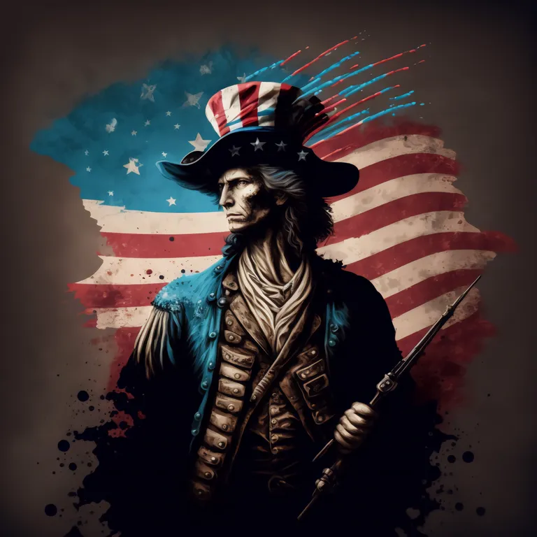 a painting of a man with an american flag on his head. hat, sleeve, costume hat, art, headgear, fashion design, artist, cg artwork, electric blue, darkness