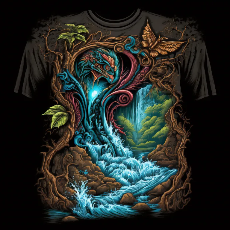 a t - shirt with an image of a waterfall. sleeve, art, aqua, t-shirt, sleeveless shirt, font, electric blue, pattern, chest, active shirt