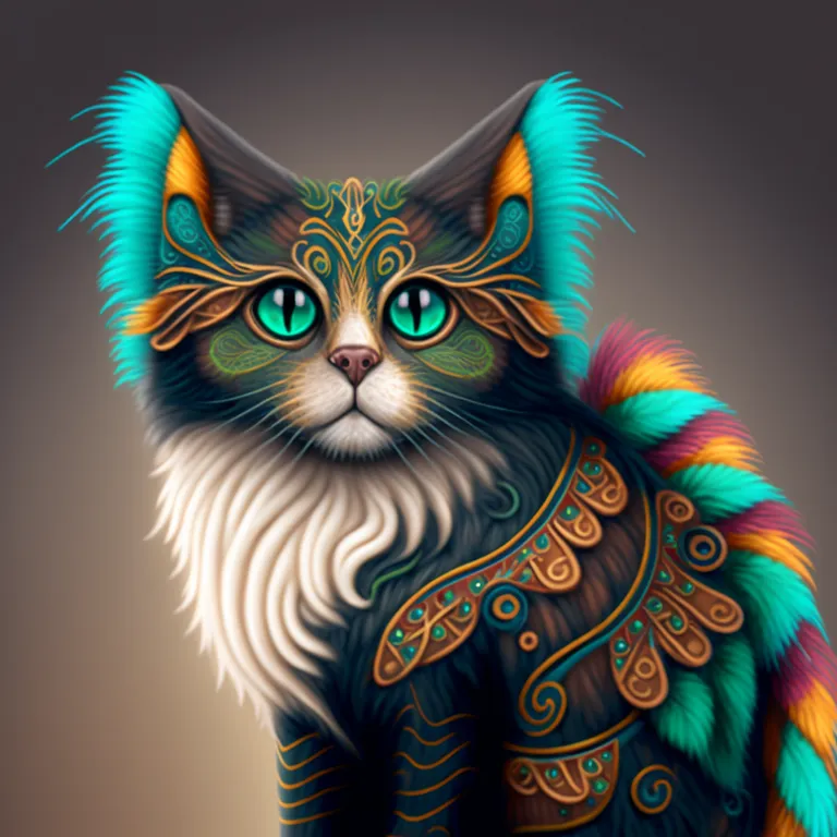 cat with tribal peacock feather fur