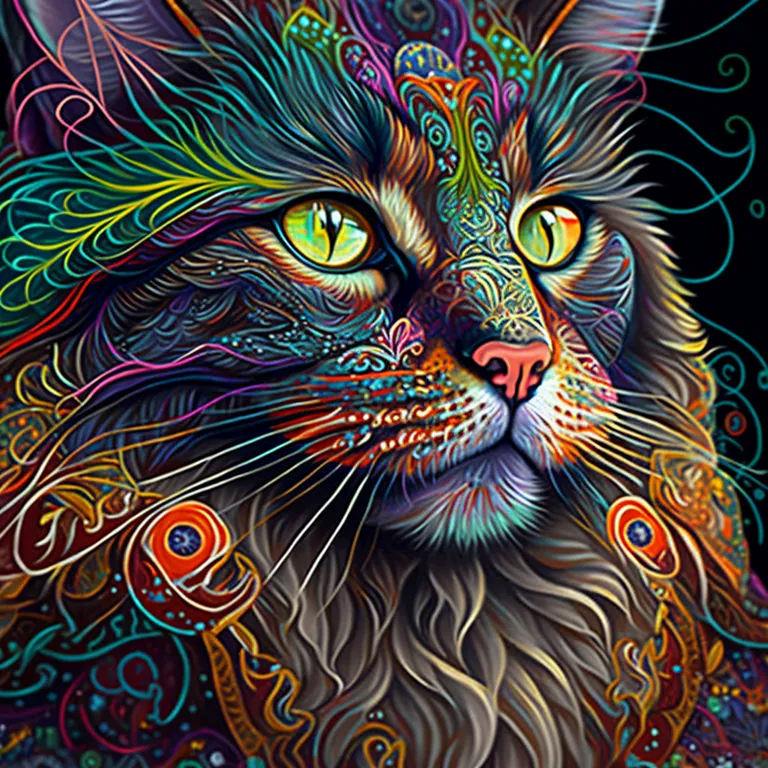 a painting of a cat with colorful eyes. head, art paint, cat, carnivore, paint, felidae, organism, iris, painting, art