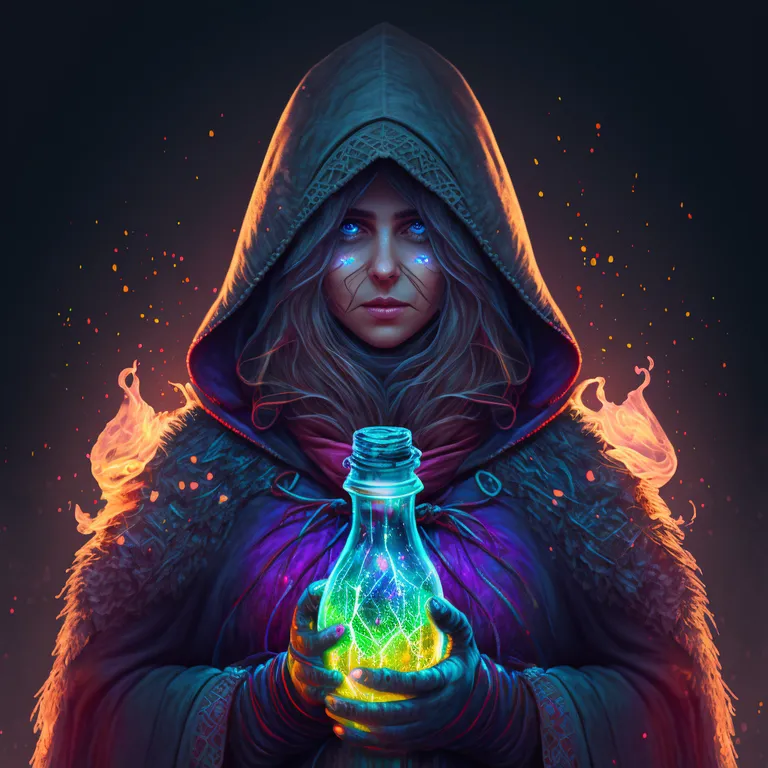 a woman holding a glowing bottle in her hands. outerwear, purple, organism, liquid, art, water, bottle, electric blue, cg artwork, flash photography