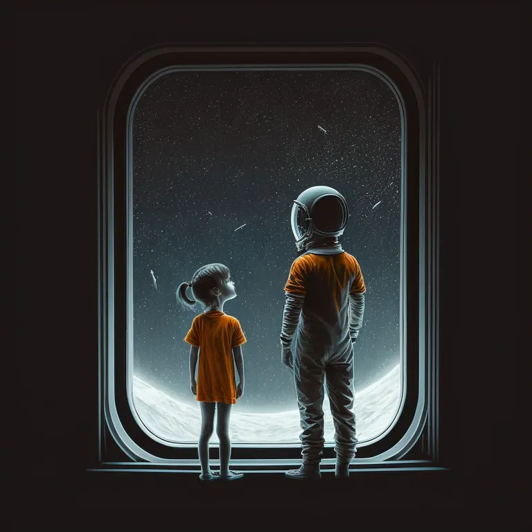 two children looking out a window at the moon. window, sleeve, gesture, rectangle, flash photography, tints and shades, art, darkness, hat, backlighting