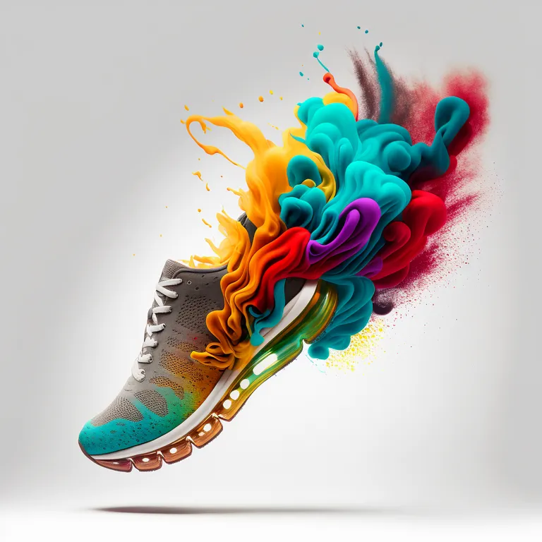 Designer shoe product photo with colorful explosion of colors, very detailed