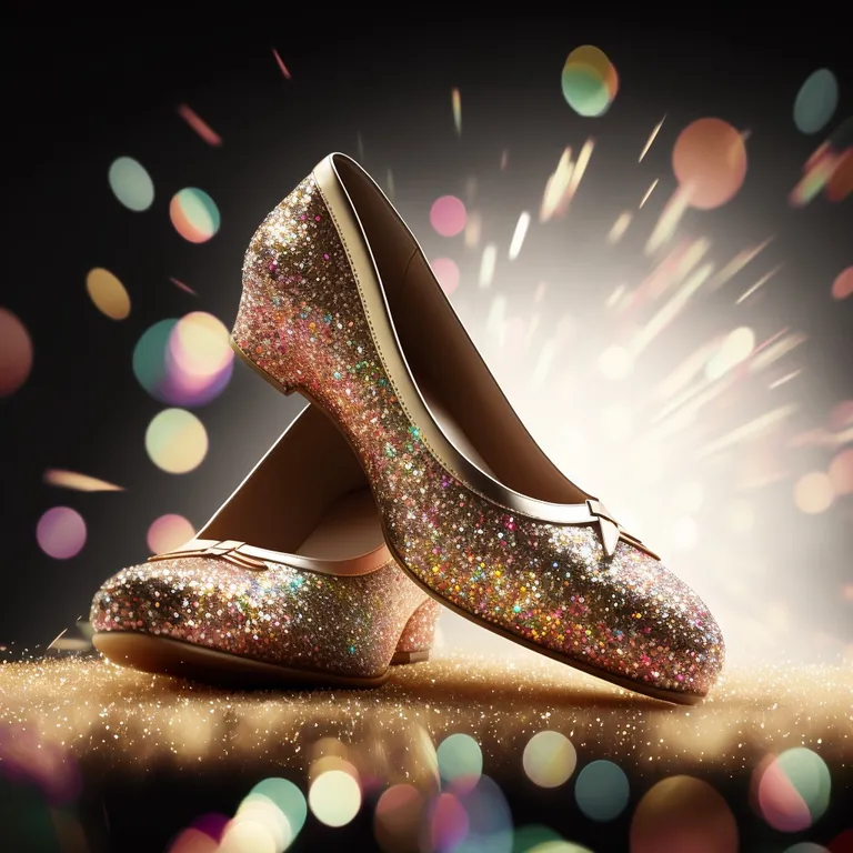 a pair of glitter shoes on a table. footwear, light, basic pump, sandal, dancing shoe, glitter, high heels, entertainment, beauty, human leg