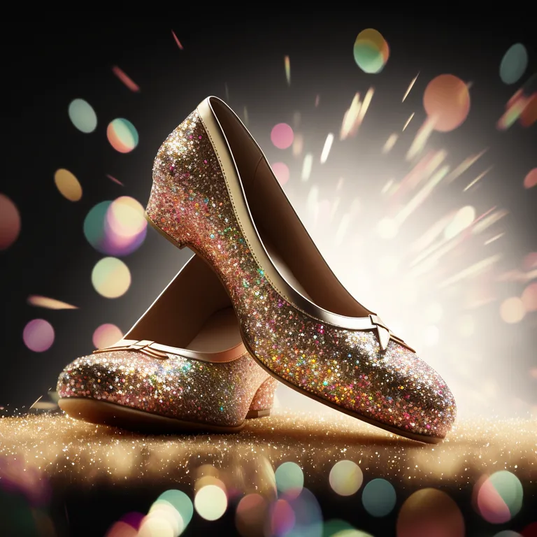 a pair of glitter shoes on a table. footwear, light, basic pump, sandal, dancing shoe, entertainment, high heels, glitter, beauty, human leg