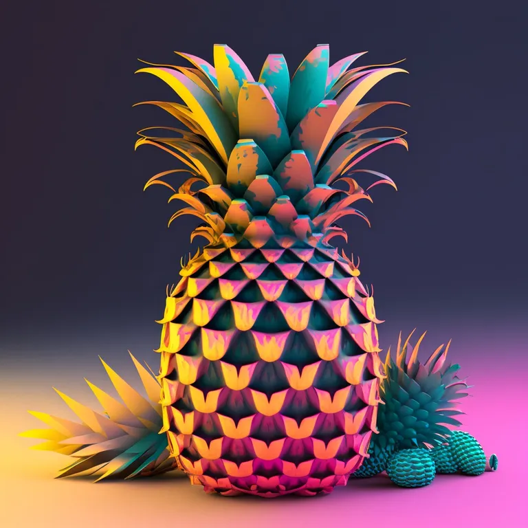 a colorful pineapple sitting on top of a table. ananas, pineapple, liquid, terrestrial plant, arecales, serveware, plant, art, vase, rectangle