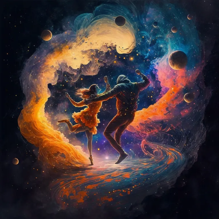 a painting of two people dancing in space. world, organism, astronomical object, painting, art, cg artwork, paint, geological phenomenon, entertainment, electric blue