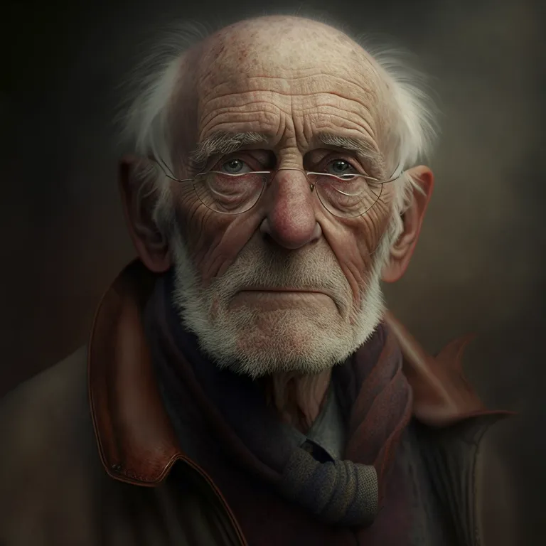 a portrait of an old man with a scarf around his neck. nose, eyebrow, ear, facial hair, wrinkle, beard, flash photography, no expression, moustache, art