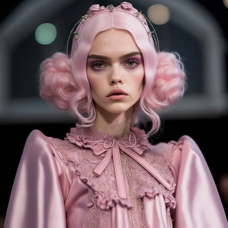 a model with pink hair and a pink wig. lip, eyelash, neck, toy, pink, fashion design, doll, art, beauty, long hair