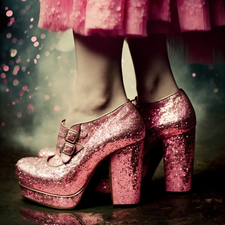 a close up of a person wearing pink glitter shoes. shoe, leg, purple, fashion, textile, basic pump, pink, thigh, red, waist