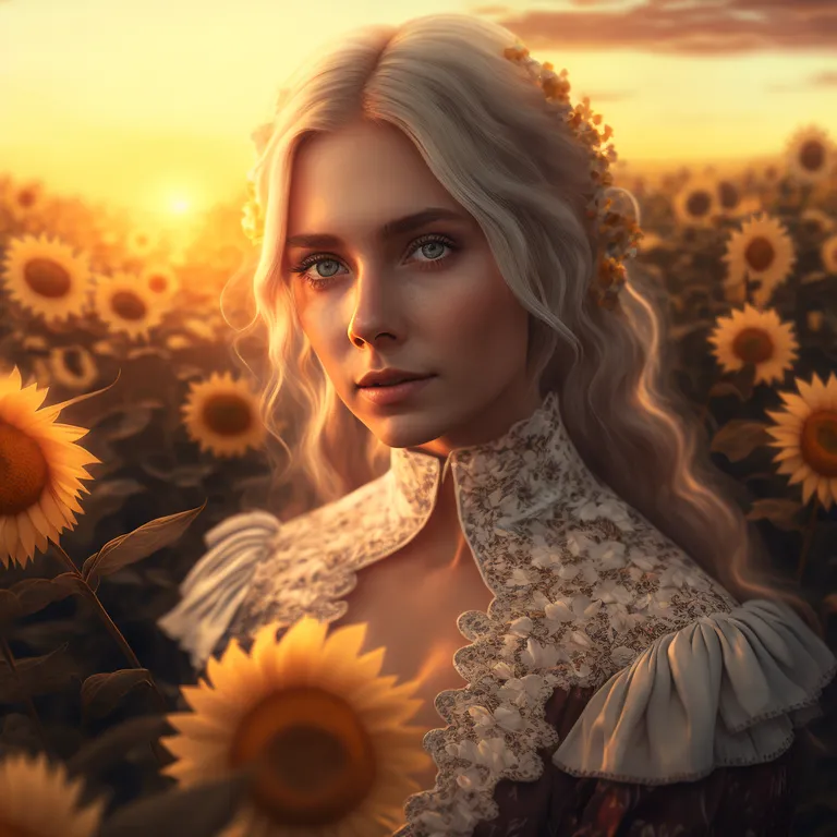a woman standing in a field of sunflowers. hair, flower, plant, facial expression, sky, people in nature, light, organ, flash photography, happy