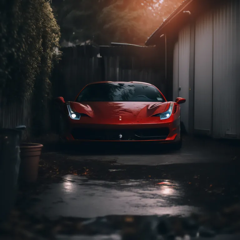 a red sports car parked in a garage. car, vehicle, tire, hood, automotive lighting, automotive tire, automotive design, bumper, alloy wheel, rolling
