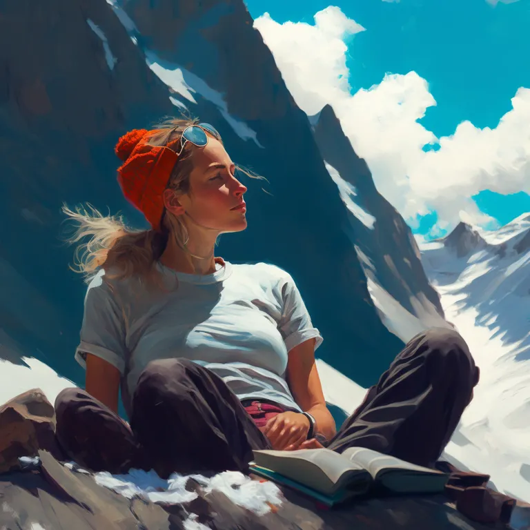 a painting of a woman sitting on top of a mountain. sky, cloud, world, people in nature, mountain, happy, shorts, travel, mountainous landforms, leisure