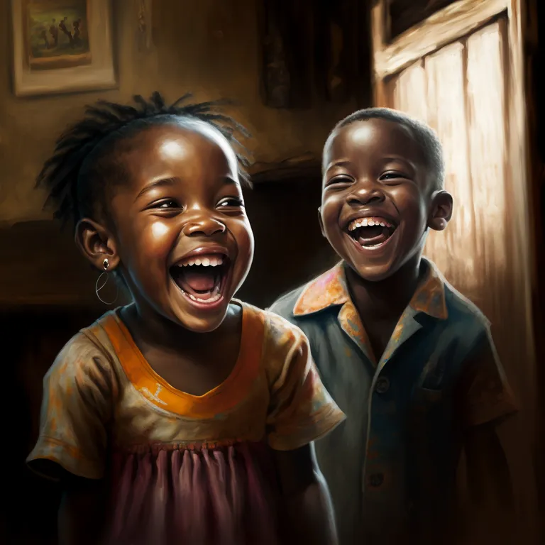 a painting of two children laughing together. forehead, smile, head, facial expression, organ, picture frame, happy, flash photography, gesture, cool