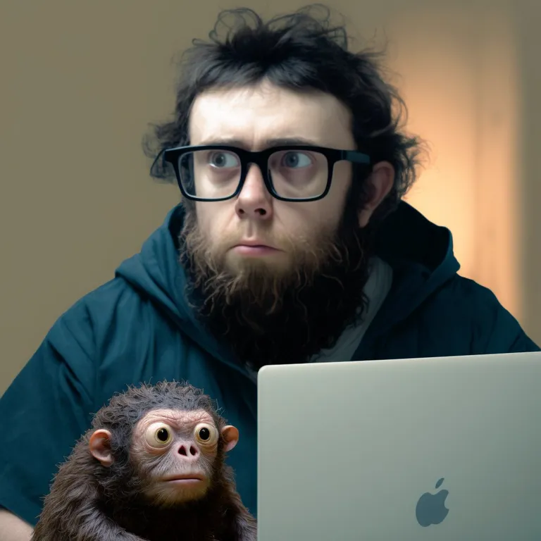 a man with a monkey in front of a laptop. glasses, vision care, computer, primate, laptop, personal computer, beard, organ, human, eyewear