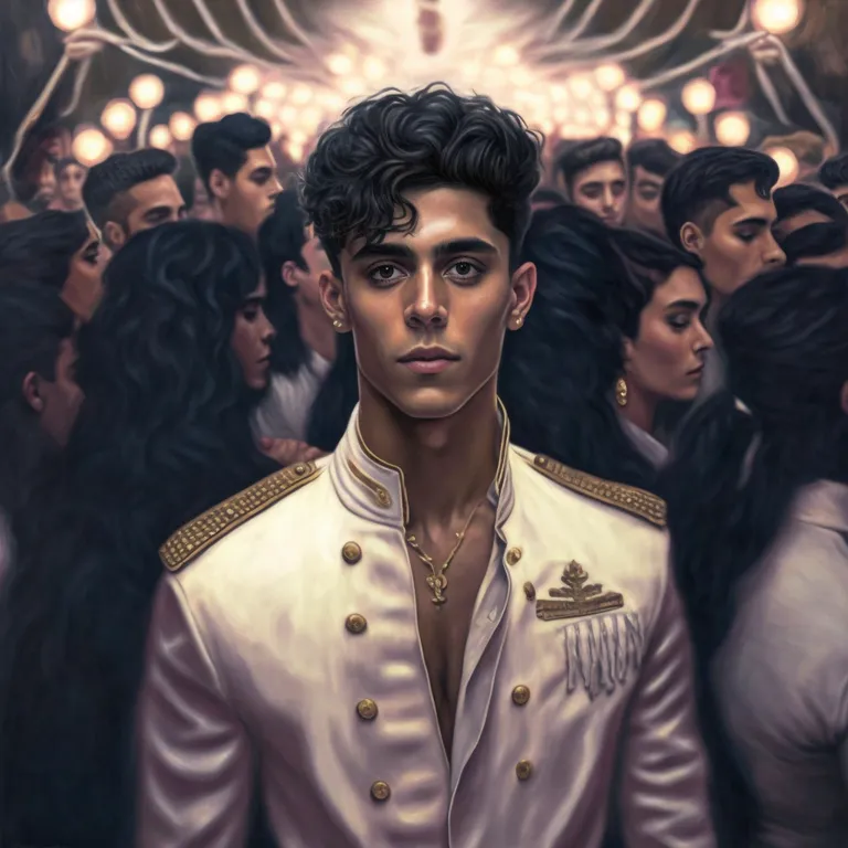 a painting of a man in a military uniform. flash photography, lighting, fashion design, cool, eyewear, black hair, crowd, necklace, event, formal wear