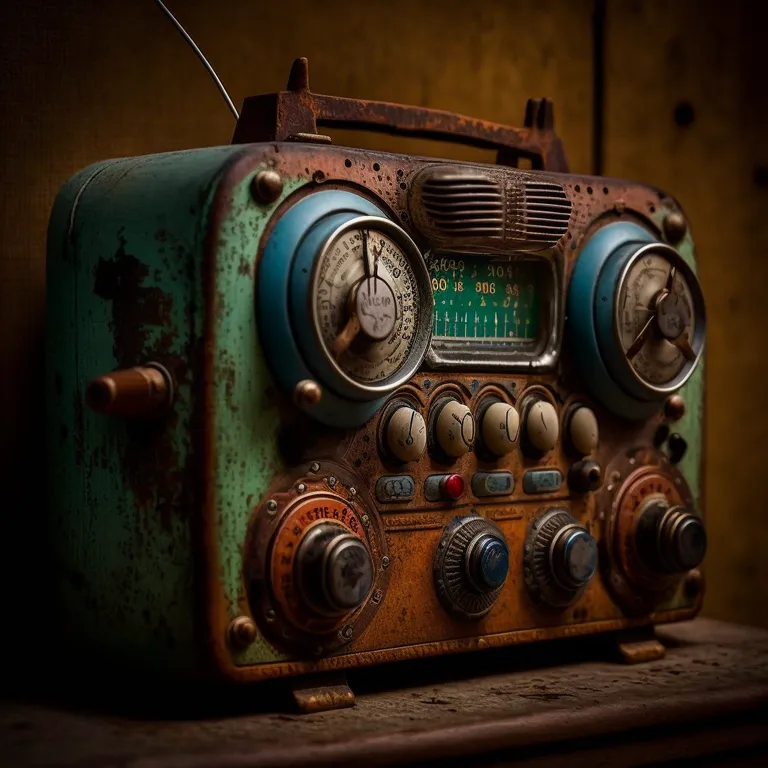 an old radio sitting on top of a wooden table. automotive lighting, motor vehicle, vehicle, automotive design, car, headlamp, office equipment, vehicle registration plate, gas, bumper