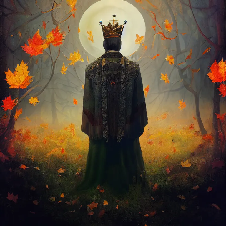 a painting of a man standing in a forest with a crown on his head. people in nature, orange, lighting, plant, art, tints and shades, cg artwork, flash photography, grass, darkness