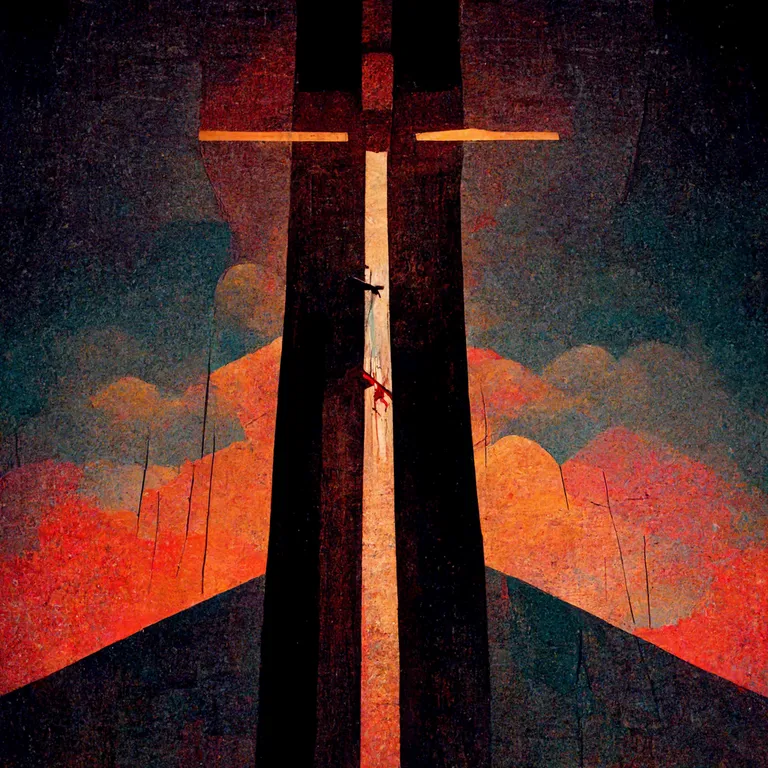 a painting of a person standing on a cross. atmosphere, cloud, sky, nature, orange, line, art, cross, rectangle, landmark