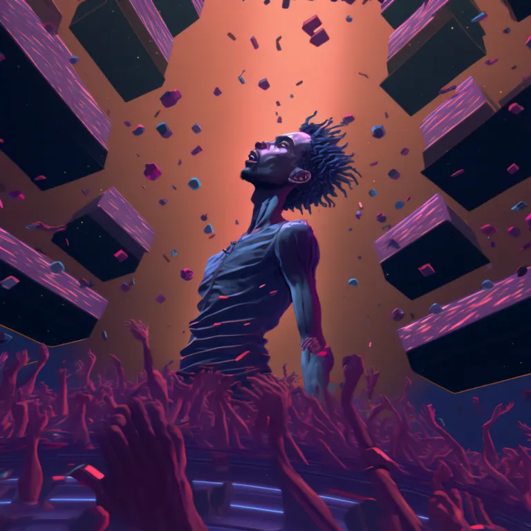 a man standing in front of a crowd of people. purple, font, pink, entertainment, art, violet, magenta, cg artwork, space, event
