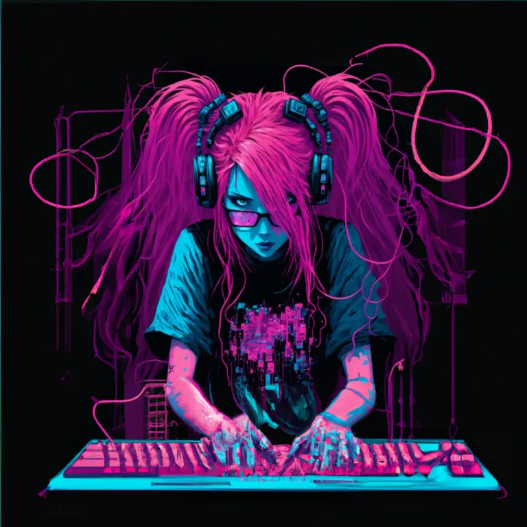 a girl wearing headphones and using a laptop. purple, violet, pink, font, magenta, musical instrument, art, entertainment, rectangle, technology