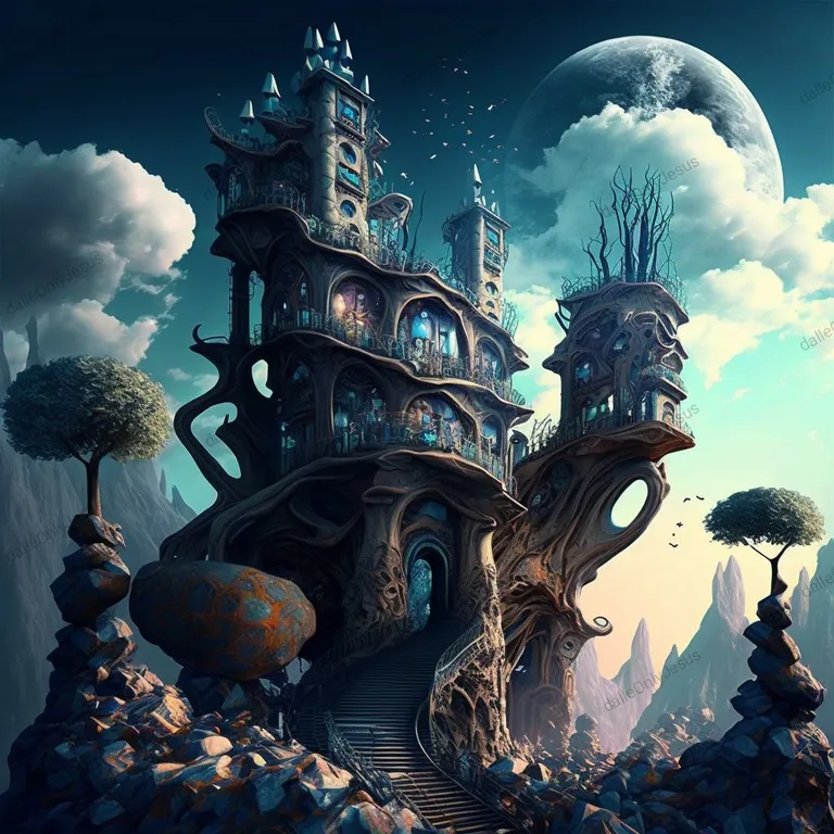 a fantasy castle with a staircase going up to it. cloud, sky, world, azure, building, art, painting, cg artwork, house, beauty