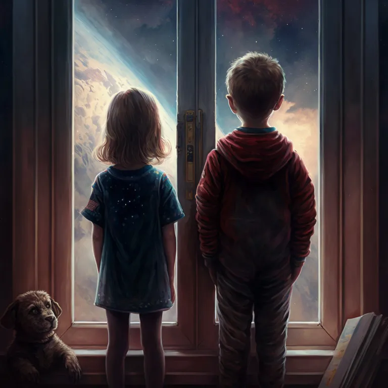 two children looking out a window at the earth. window, human, standing, gesture, interior design, toddler, door, child, tints and shades, fun