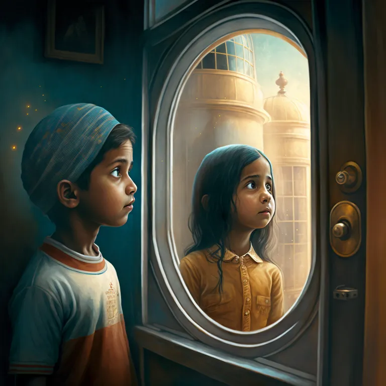 a painting of two children looking out a window. chin, eyebrow, eyelash, headgear, art, beauty, cg artwork, fun, painting, doll