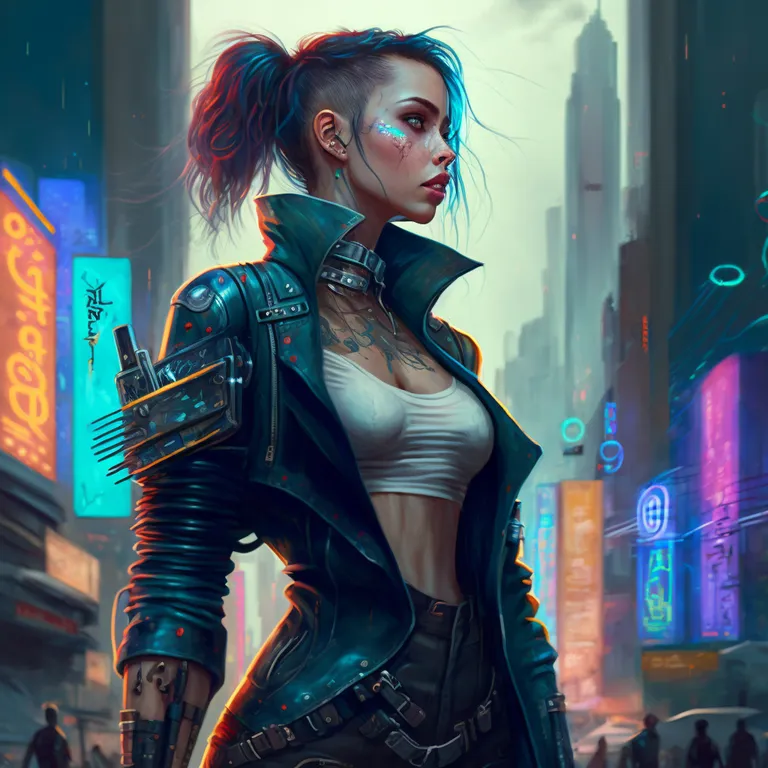 a woman standing in the middle of a city. latex clothing, cg artwork, fashion design, electric blue, art, magenta, latex, event, fictional character, graphics